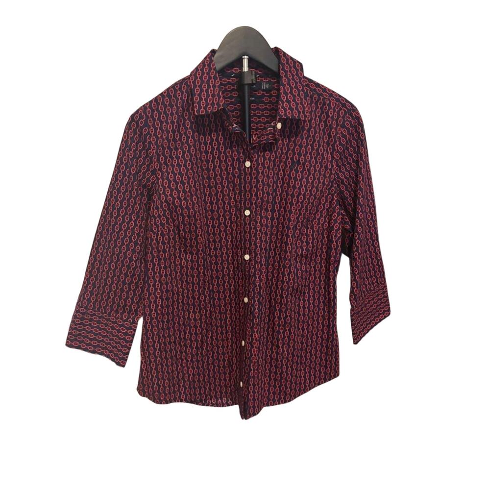 Nautica Women's Button Down Shirt Navy Red Chain Print Non‎ Iron Size L NWOT
